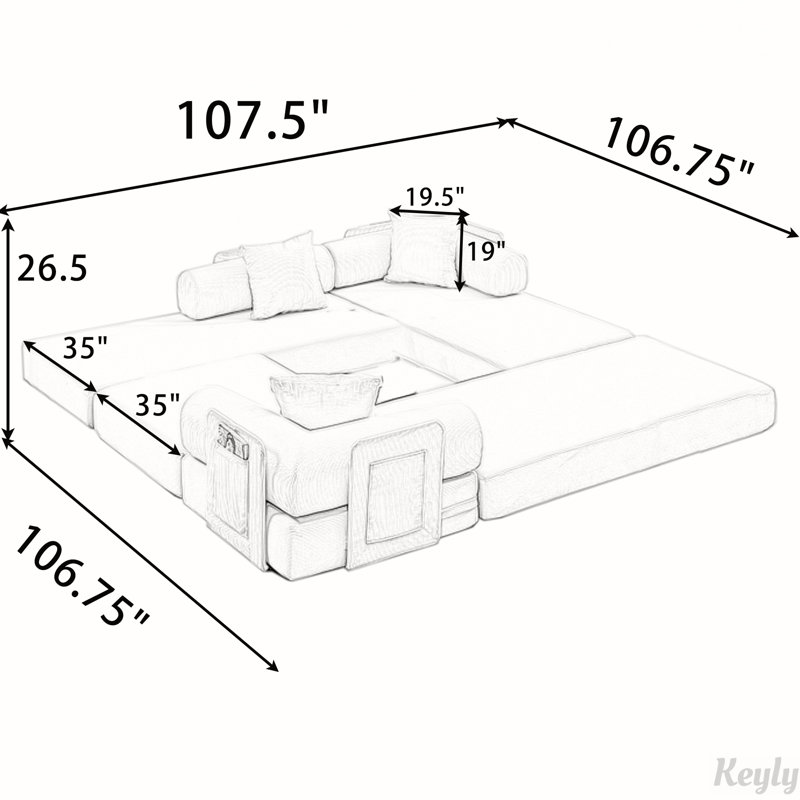 107'' Folding Cloud sofas Modular Sectional Sofa, DIY ,No Assembly, Black
