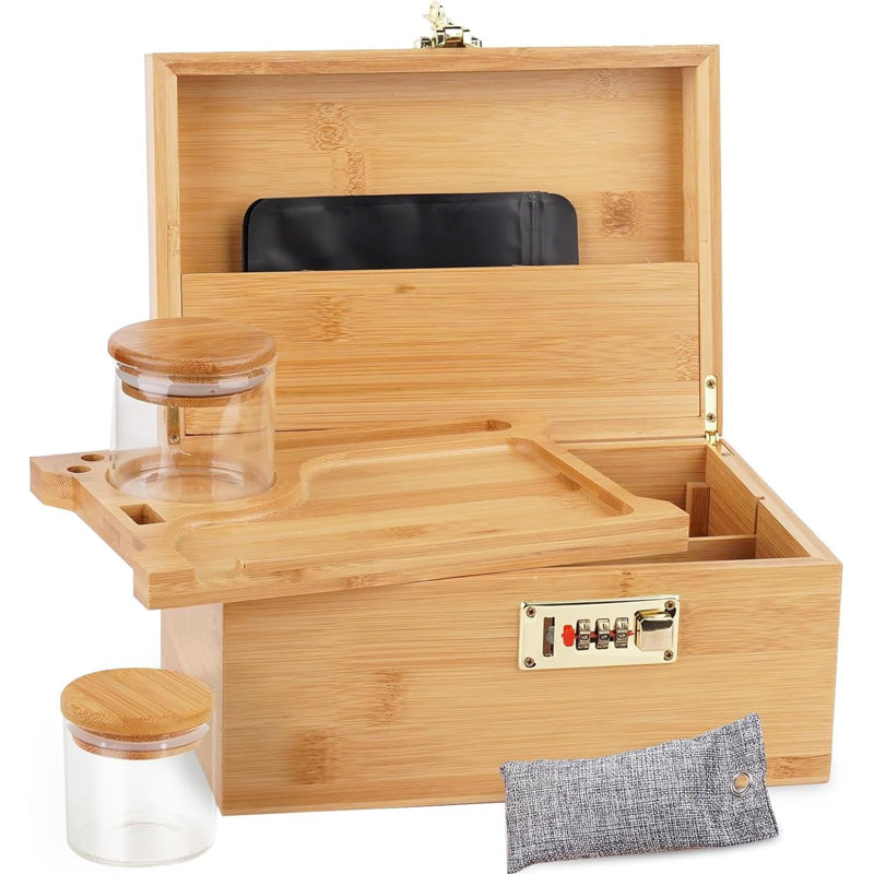 Large Bamboo Box With Combination Lock Decorative Box For Home Great Gift Choice Stash Storage Lockbox With Storage Jar, Tray, Resealable Bags And More (Brown)