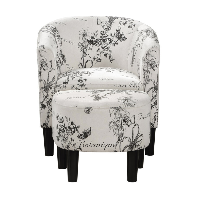 Anges Upholstered Barrel Chair with Ottoman, Botanical Print Soft Polyester