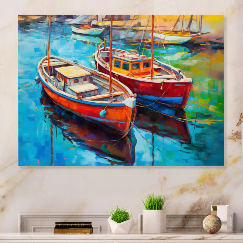 Deux bateaux dans le port - reproduction d'art en métal, H 16 po x l 32 po x P 1 po