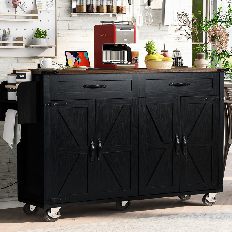 Rolling Kitchen Island With Power Outlet, Drop Leaf, Spice Rack, Drawer, 53.5''W X 28.47''D 36.5''H, Black Style Cart, 36.5''H For Use