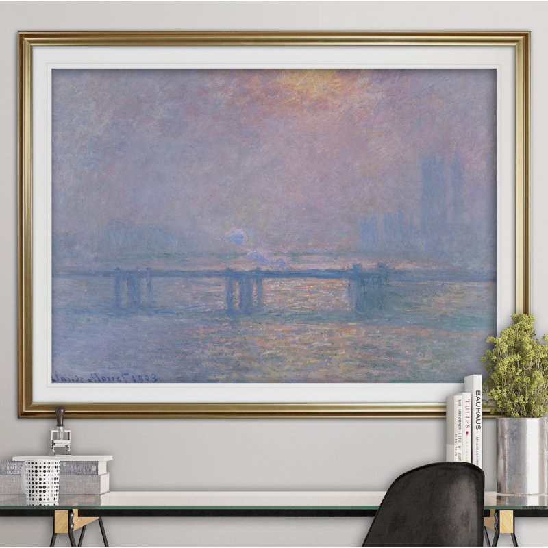 «Charing Cross Bridge» par Claude Monet - reproduction d'art encadrée, H 24 po x l 32 po x P 1,5 po, Cadre doré, Blanc mat