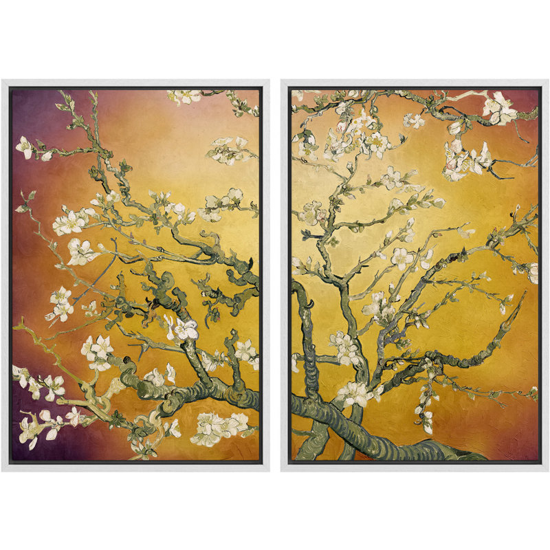 «Amandier en fleurs» par Vincent van Gogh, H 36 po x l 48 po x P 1,5 po, Golden Sunset Gradient, Cadre blanc