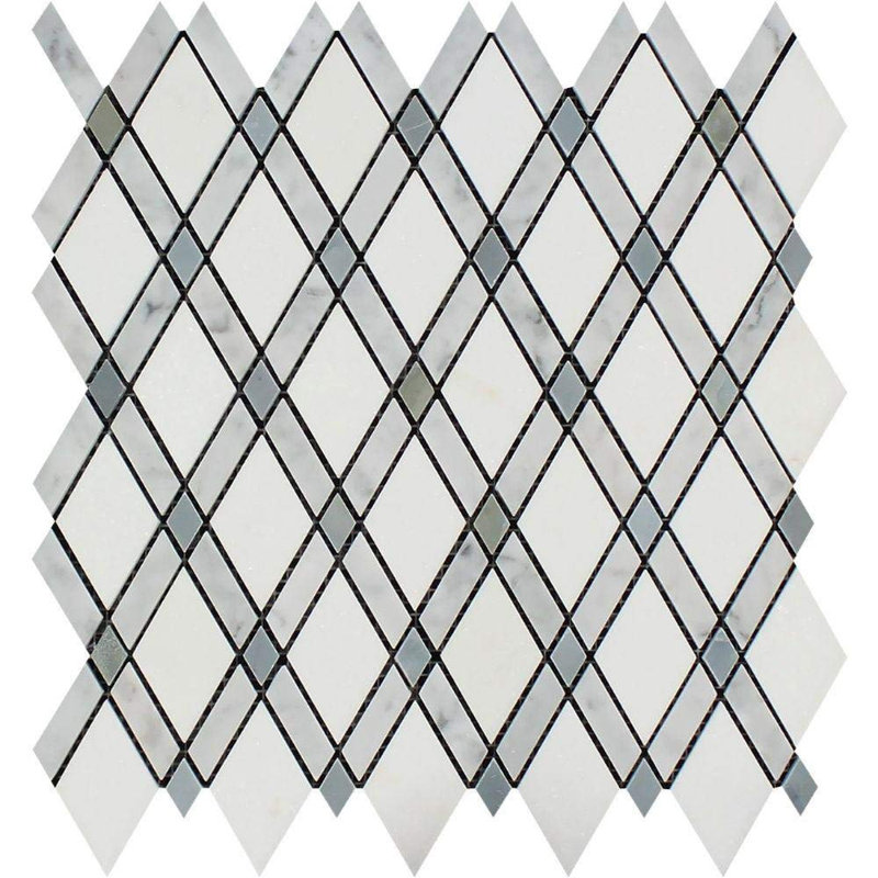 Treillis blanc de Carrare avec mosaïque de plancher et de mur d'aspect marbre blanc / bleu et gris Thassos