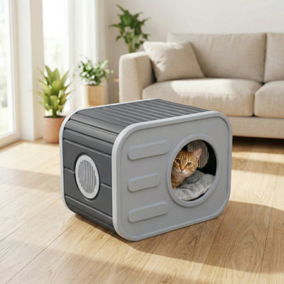 Modern Ventilated Cat House with Removable Plush Mat, Two-Tone Pet Shelter, Eco-Friendly Weatherproof Cat Cave for Indoor/Outdoor Use