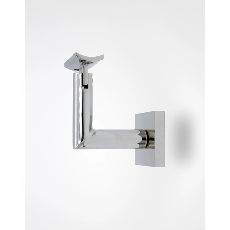 Glass Mount Handrail Bracket with Square Rose and Curved Plate, Polish Stainless Steel