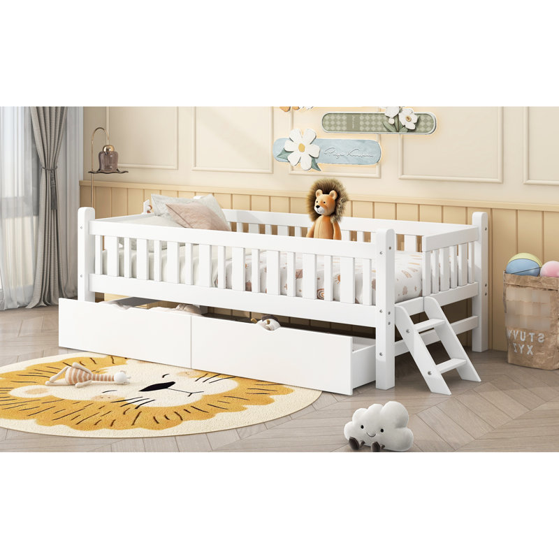 Lit simple en bois blanc avec garde-corps et 2 tiroirs, clôture semi-fermée, pin +, sans sommier, assemblage sans effort de taille manuelle, idéal pour le rangement, facile à assembler vous-même