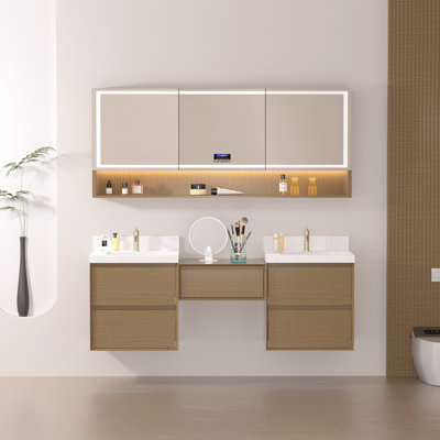 Ensemble de meuble-lavabo double mural 72 po avec plateau en pierre reconstituée et armoire de rangement modulaire