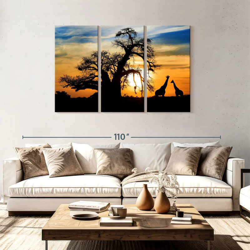 Coucher de soleil africain girafes, H 48 po x l 74 po