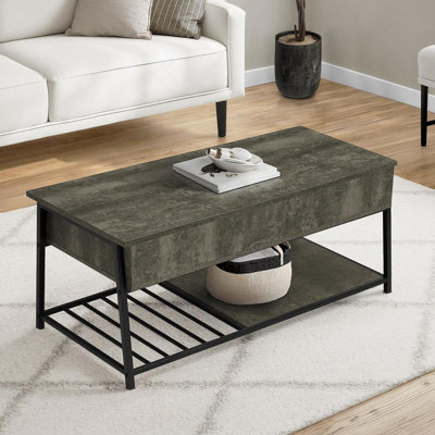 Table basse, L 42 po, cocktail, plateau relevable, rectangulaire, rangement, salon, stratifié bronze foncé, métal noir, contemporain, moderne