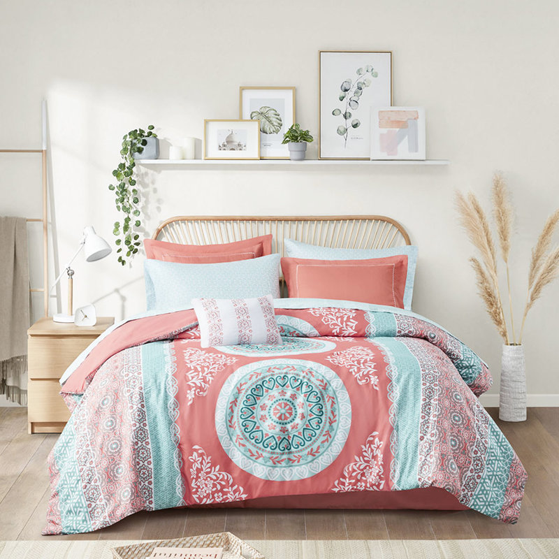 Édredon pour grand lit Coral avec draps - Médaillon, Grand édredon et 8 pièces supplémentaires, Corail