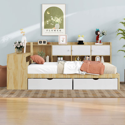 Wooden L-Shape Daybed With 7 Storage Cabinets, 2 Drawers, Study Desk And Built-In Bookshelf, Multi-Functional Bed