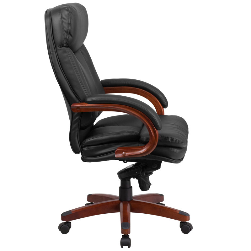 High Back Black Leather Executive Swivel Office Chair with Mahogany Wood Base
