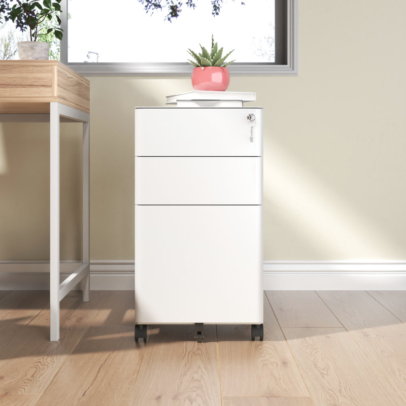 White 3 Mobile File Cabinet With Lock, All Metal Storage On Wheels, Office Storage, Two Shallow & One Deep Drawer, Fully Assembled, , 110Lbs/Drawer, Quick Setup Organization Helper, Easy