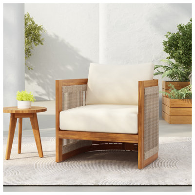 Fauteuil club d'extérieur en bois d'acacia de qualité supérieure, conception de baignoire incurvée avec accents de corde tissée, coussins résistants à l'eau, fabrication de lattes toutes saisons