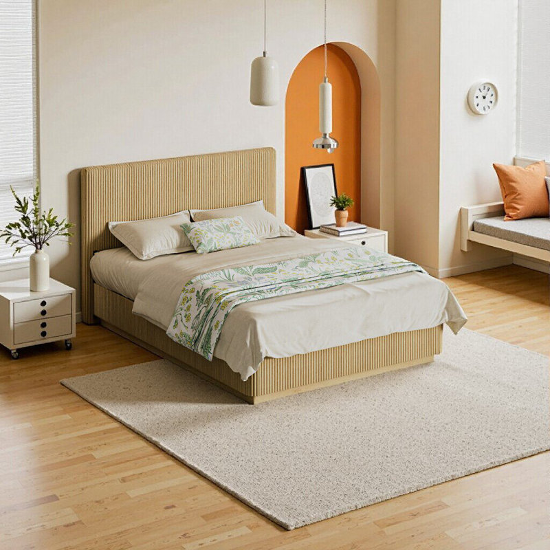 Élégante base de lit pour grand lit avec lumières DEL, design moderne ondulé en bois ondulé, finition chêne, Chêne