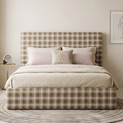 Modern Farmhouse Upholstered Platform Bed with Plaid Headboard and Lift Storage, Queen, Beige And White Plaid