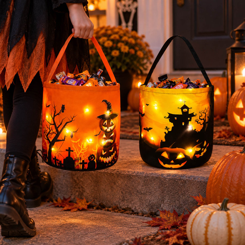 Paquet de 2 seaux de bonbons de citrouille illuminés d'Halloween avec poignées
