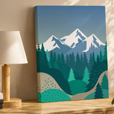 Toile, création d'un paysage serein mettant en vedette de majestueuses montagnes enneigées dans un art mural, fond entouré d'une forêt dense d'art sur toile