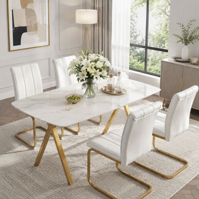 Rectangular Tempered Glass Dining Table with Marble Pattern and Gold Legs