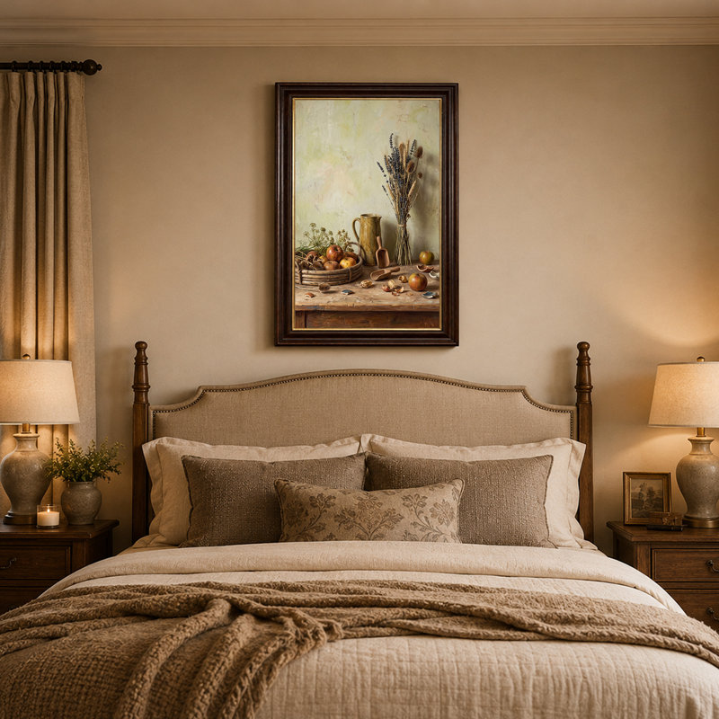 Tableau sur toile représentant un panier de pommes et de lavande séchée sur une table rustique en bois, H 18 po x l 12 po