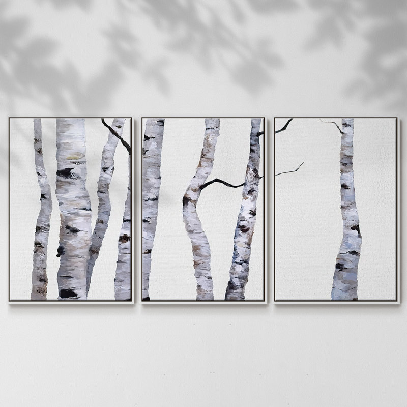 «Birch Trees I», peinture sur toile 3 pièces, Cadre blanc, H 24 po x l 48 po