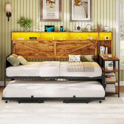 Daybed Twin with Pop Up Trundle, Farmhouse Wooden Day Bed Frame with 3 Storage Drawers and Shelves, Twin Daybed with Charging Station and LED Lights for Bedroom, Guest Room