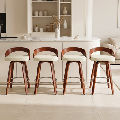 Ensemble de 4 tabourets de bar pivotants de 24,6 po de hauteur de comptoir, tabourets de bar beige rembourrés de style Mid-Century avec dossier et pieds courbés en bois cintré, repose-pieds confortable, pour comptoir d'îlot de cuisine
