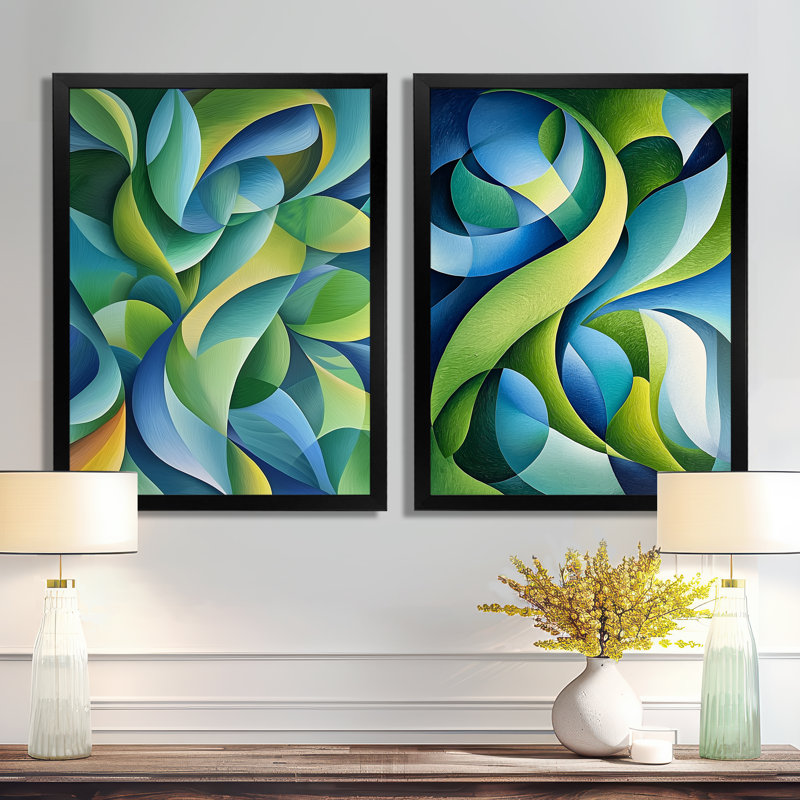 Collage de feuilles organiques vertes et bleus I - décoration murale moderne abstraite 2 pièces, H 32 po x l 48 po
