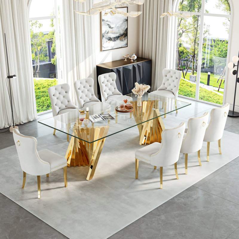 8-Person Glass Dining Set With Stainless Steel Base And Faux Leather Chairs, Gold, White/Gold