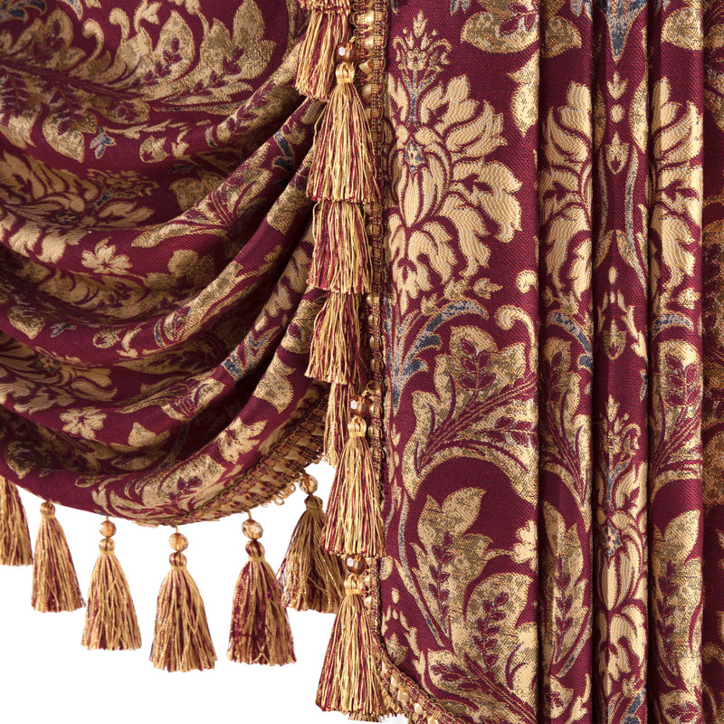 Classic Swag Valance with Tassels, Red Jacquard Waterfall Valance, 59" Window Treatment 1 Panel, 59" W x 45" L
