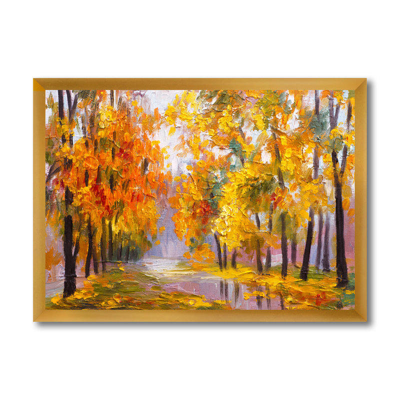 Forêt pleine de feuilles tombées en automne - peinture sur toile, H 24 po x l 32 po x P 1 po, Encadrement doré