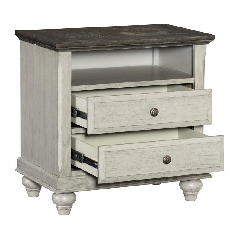 2 Nightstand In Modern Design With Open Shelf And Two-Tone Finish Classic Bedside Cabinet 2 Drawers Grey Dark Brown Top
