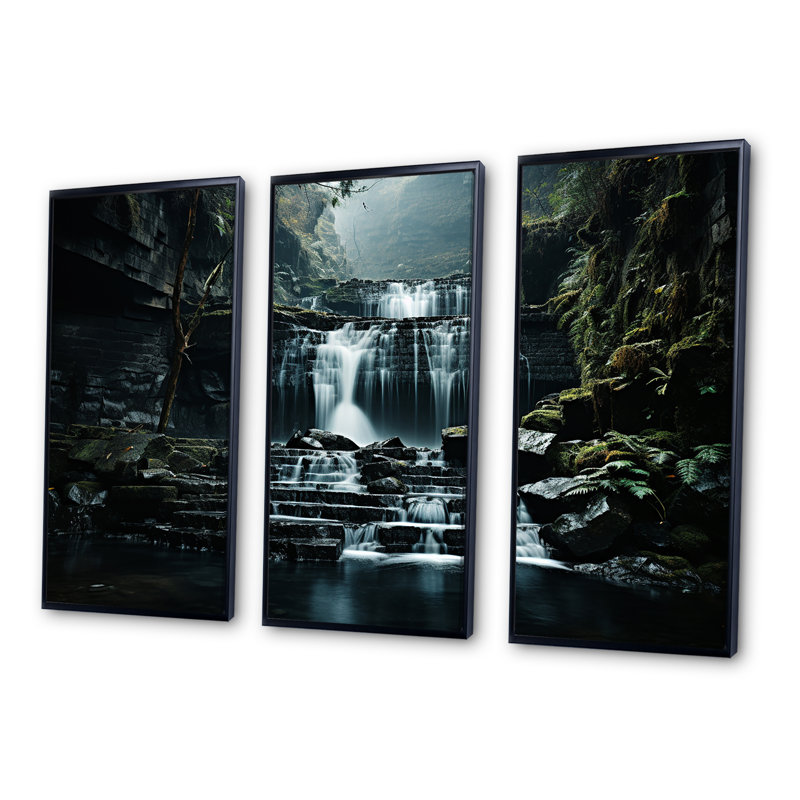 «Waterfall Cliff Scenery - Waterfall», ensemble d'art mural sur toile, Cadre flottant noir, H 32 po x l 48 po x P 1 po