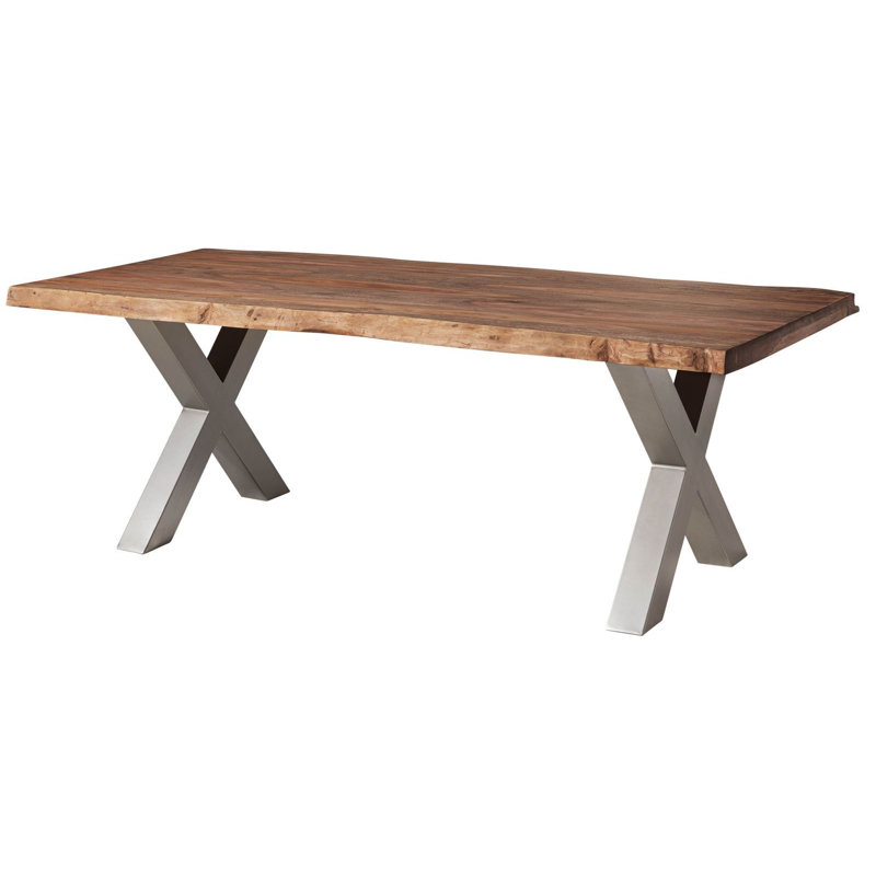 Solid Wood Top Metal Base Dining Table, Silver, Grey, 77 cm H x 220 cm L x 100 cm D