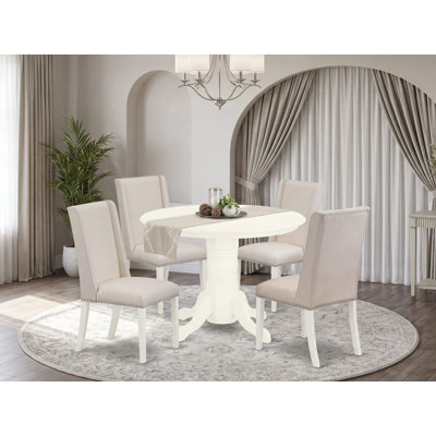 Ensemble de 5 pièces pour coin-repas pour 4 personnes comprenant une table de salle à manger ronde avec piédestal et 4 chaises Parson revêtues de tissu en lin crème, blanc lin