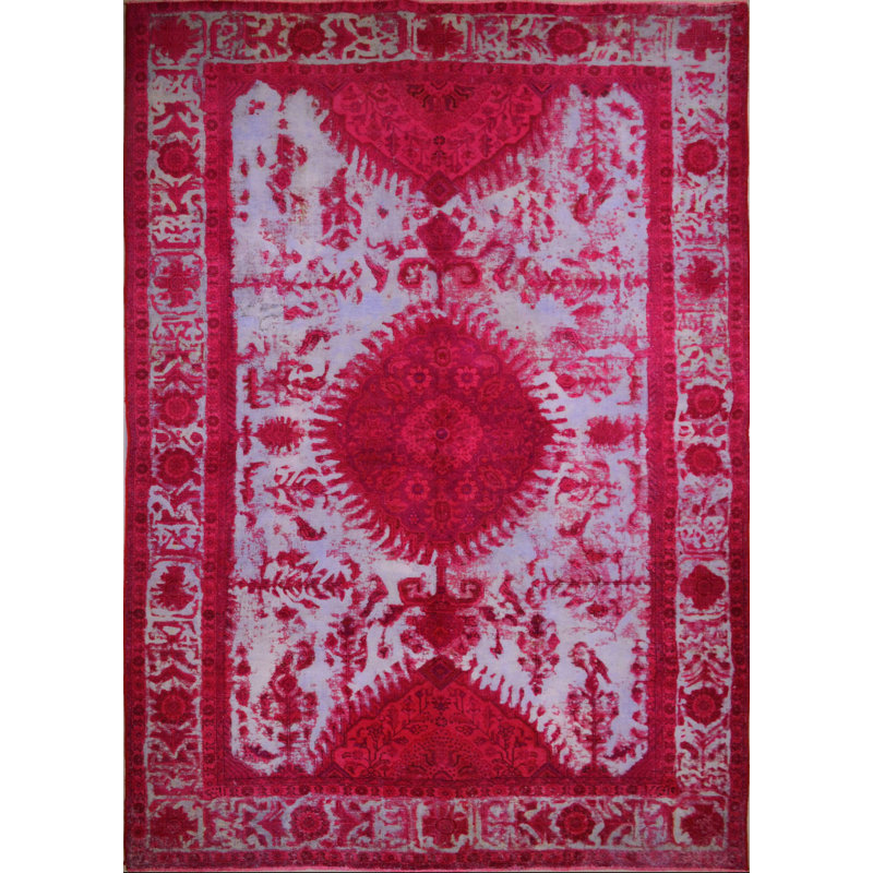 Tapis décoratif en laine noué à la main de conception unique 6 pi 6 po x 9 pi 4 po noué à la main rose Saz