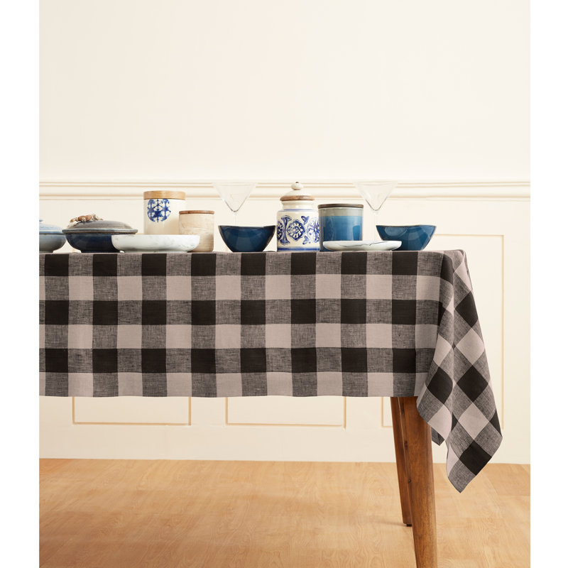 Buffalo Check - 100% Pure Linen Tablecloth, Natural/Black, 108" x 60"