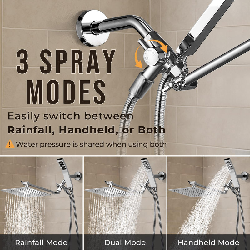 10" Dual Square Shower Head, 3-Way Diverter, 71" Extra Long Hose, Polished Chrome