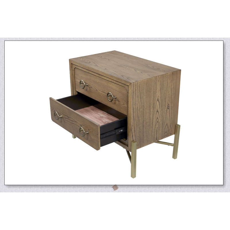 Table de chevet 2 tiroirs avec chargement USB, finition latte, base en métal et doublure en cèdre pour les chambres modernes