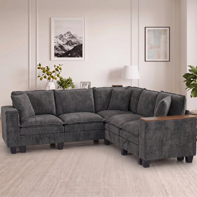 90" L-Shaped Storage Sectional Couch in Grey Chenille, 5-Seater V-Shape Couch with Storage Armrests & 3 Pillows, Couches for Living Room
