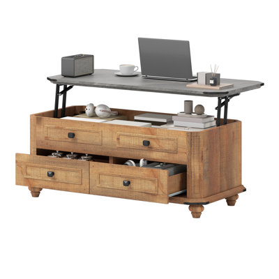 Lift Top 39.4" W Farmhouse Rectangular Coffee Table with 2 Drawers & Lifting Storage Compartment