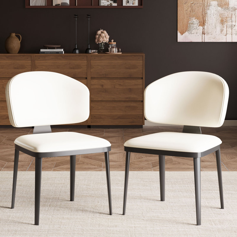 Cathelijn Modern Faux Leather Dining Chairs, Set of 2, Black Metal Legs, Ivory