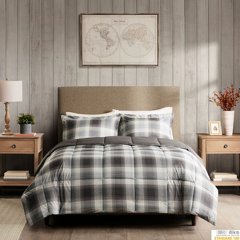 Édredon pour lit simple - écossais gris, 6 jours, lavable à la machine, duvet synthétique, toutes saisons, écossais, ensemble