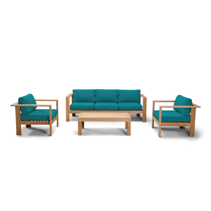 Ando 4 Piece Teak Sofa Seating Group with Sunbrella Cushions, 4 Pcs: Table, Sofa, 2 Chairs, Cast Silver Sunbrella®