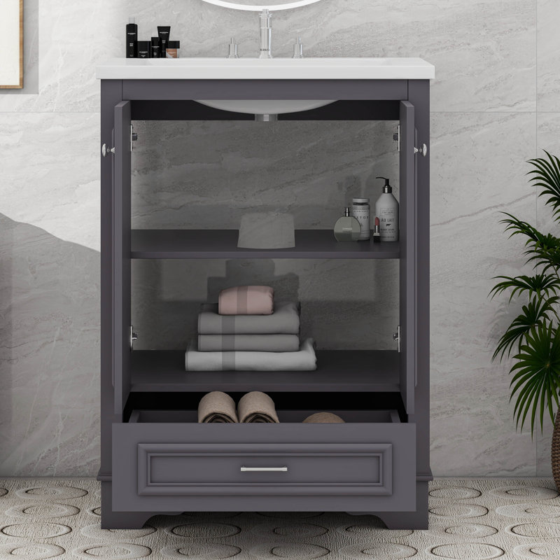 Meuble-lavabo autoportant avec tablettes réglables Modern, Bleu gris, Argent argent
