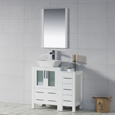 Meuble-lavabo simple 36 po Mance - Dessus de lavabo vasque avec armoire latérale et miroir - Tiroirs de rangement, portes à fermeture douce - Armoire de salle de bain moderne pour petites et grandes salles de bain