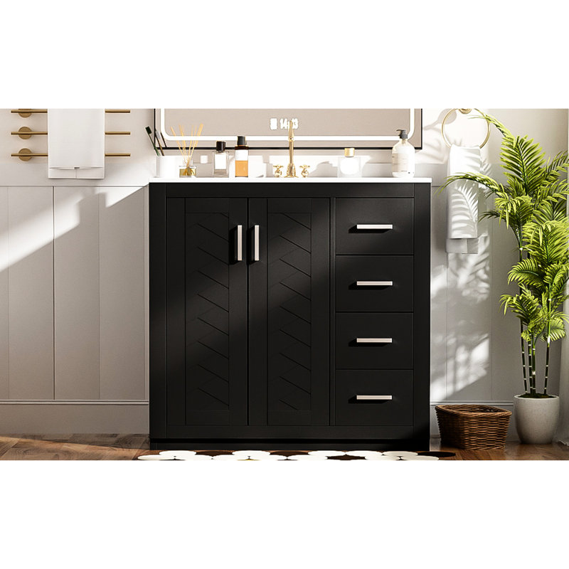 Meuble-lavabo 36 po avec lavabo en céramique: lavabo en bois massif