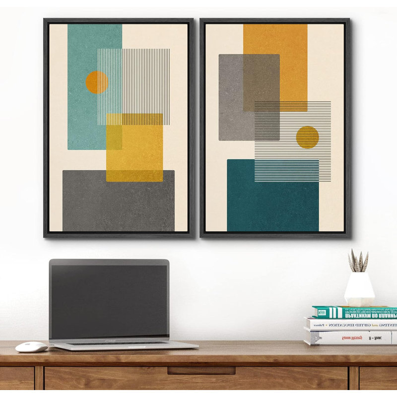 "Abstract Abstract Color Blocks" Mid-Century Green and Yellow Polygon Collage Abstract Formes Modern on Canvas, 2 pièces
