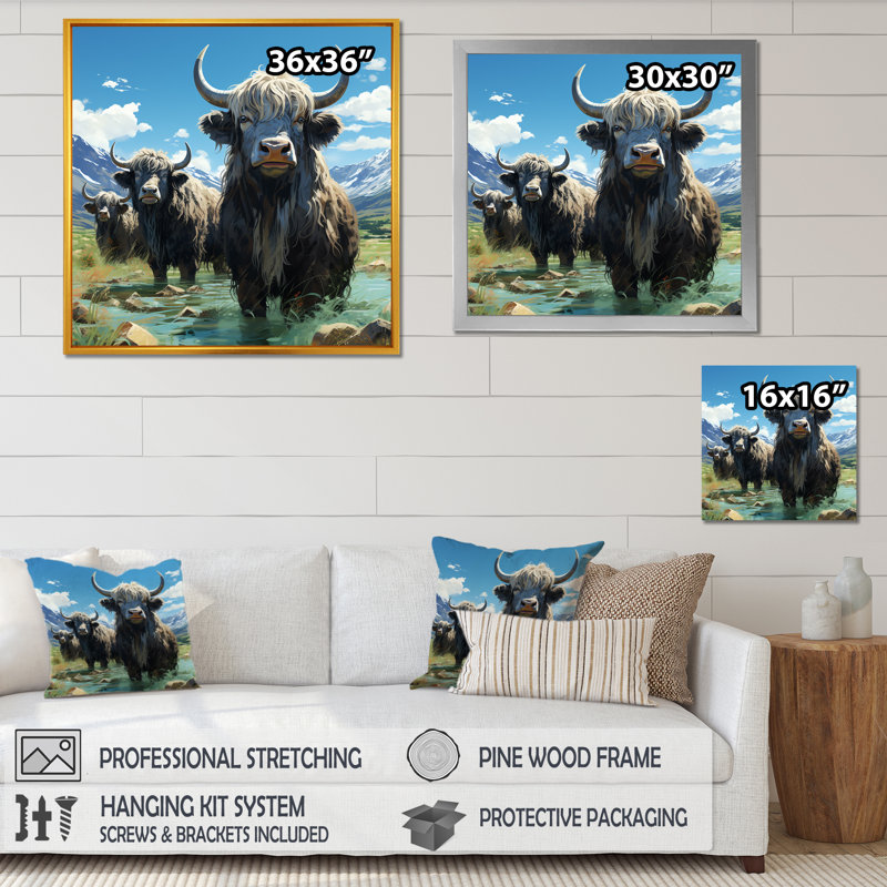 «Brown Yaks Highland Mountain Charm III - Yaks», art mural, Cadre flottant brun, H 36 po x l 36 po x P 1,5 po
